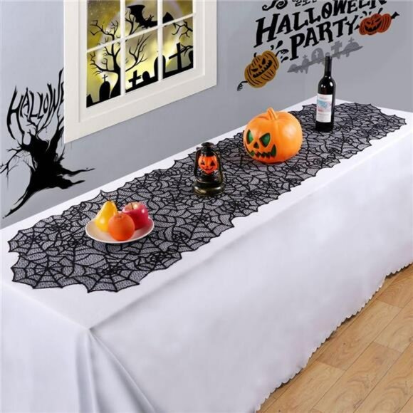 Halloween spider web lace table runner black 20x80 inch haunted house decor - Picture 5 of 8